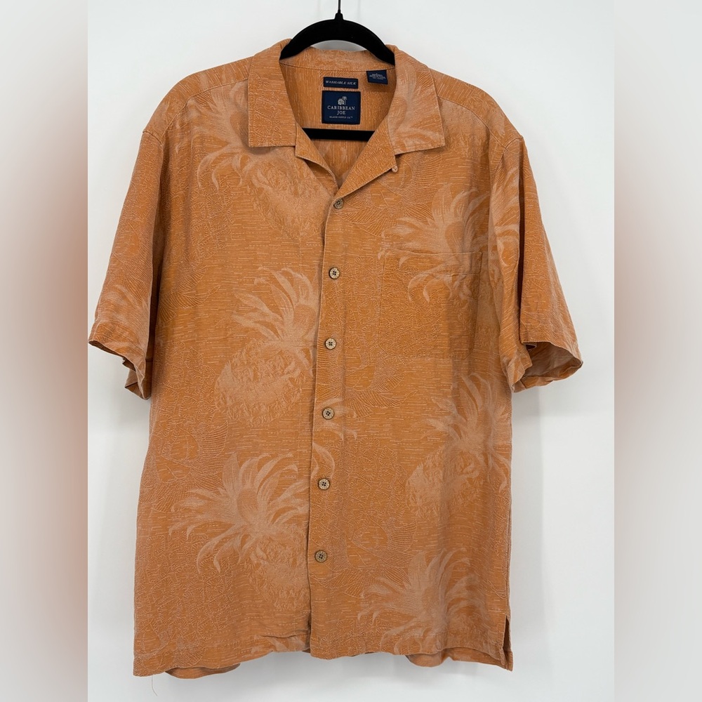 CARIBBEAN JOE Hawaiian Shirt 100% Silk Orange Palms Print Mens Large